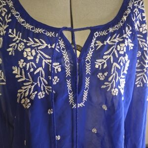 American Eagle Outfitters Blue Sheer Top With Embroidery Like Detail Size Med